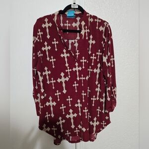 Burgundy and White Patterned Blouse